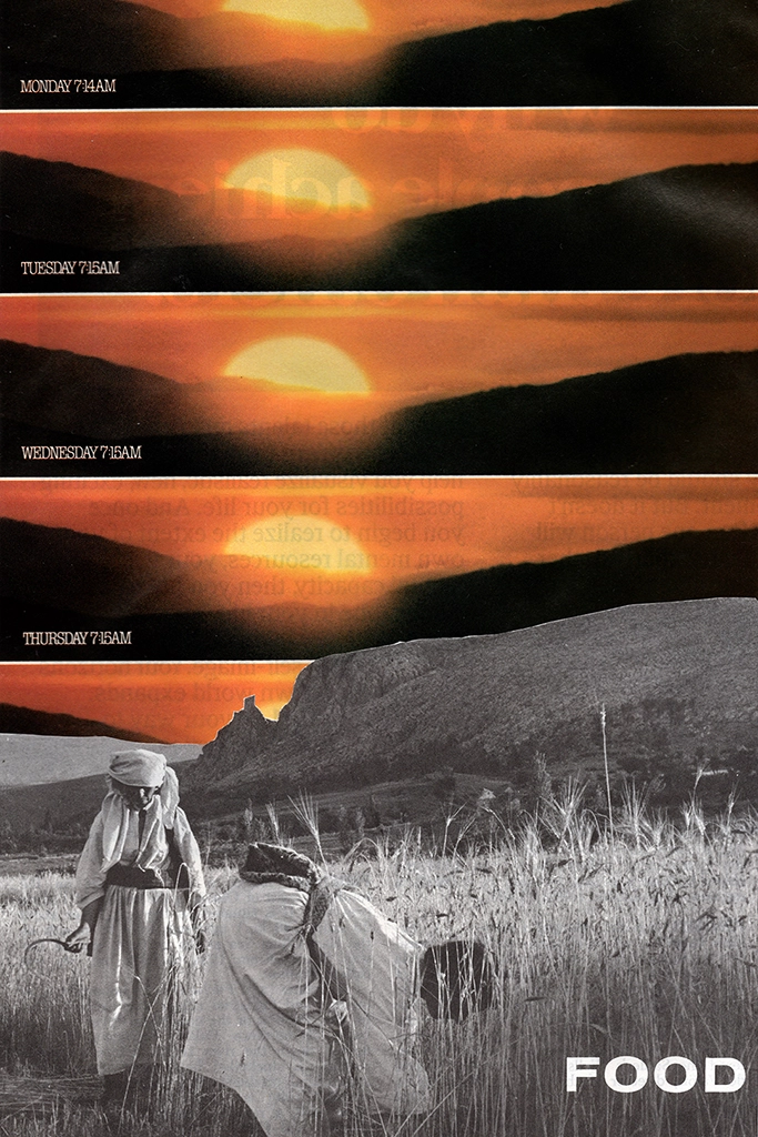 In the foreground, two farmers are attending to their wheat. In the background are large desert cliffs, behind which are multiple images of the sun setting at the same time on different days of the week.