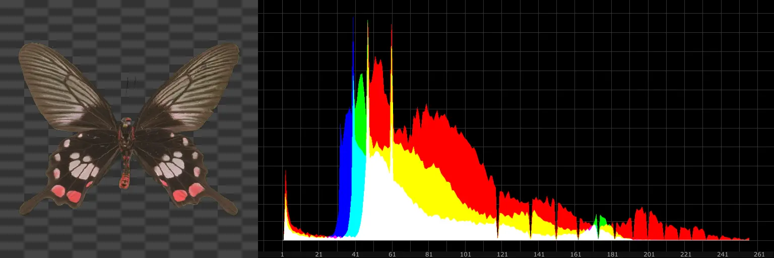 Example of an image and it's calculated Histogram.