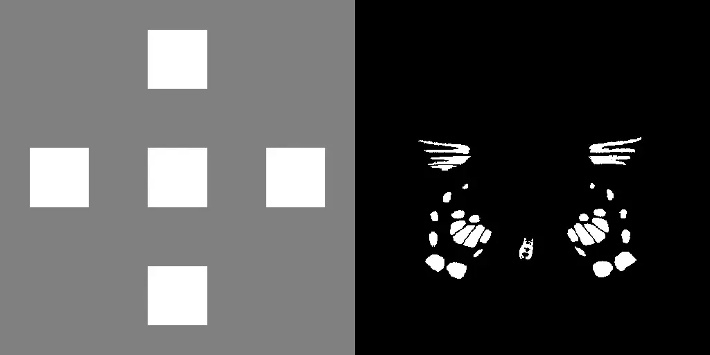 Example of a binary image that has been geodesically dilated with a plus shaped structuring element that is 3 by 3 pixels in size.