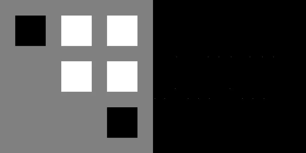 Example of a binary image that has been processed with the first variant of the Hit or Miss mask that identifies corners.