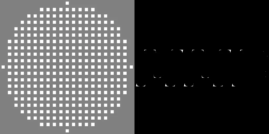 Example of a binary image that has been processed with the morphological Top Hat operation with a circular structuring element that is 21 by 21 pixels in size.