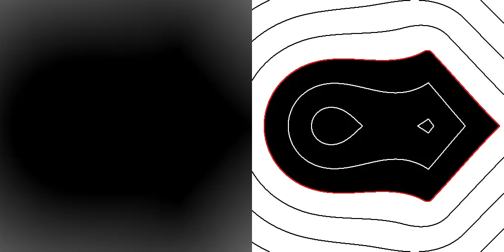 Visualization of two combined Signed Distance Fields using a smooth chamfer operation. Left: raw SDF blend. Right: simplified visualization showing merged shapes with contour lines.