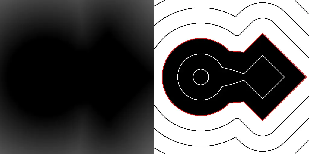 Visualization of two combined Signed Distance Fields using a chamfer operation. Left: raw SDF blend. Right: simplified visualization showing merged shapes with contour lines.