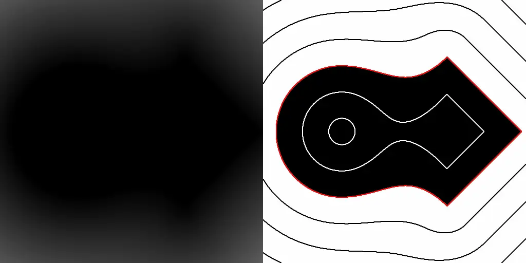 Visualization of two combined Signed Distance Fields using a smoothing operation. Left: raw SDF blend. Right: simplified visualization showing merged shapes with contour lines.