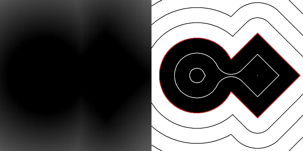 Visualization of a Signed Distance Field after interior correction. Left: input SDF with incorrect interior values. Right: corrected SDF with recalculated negative regions and clear contour transitions.