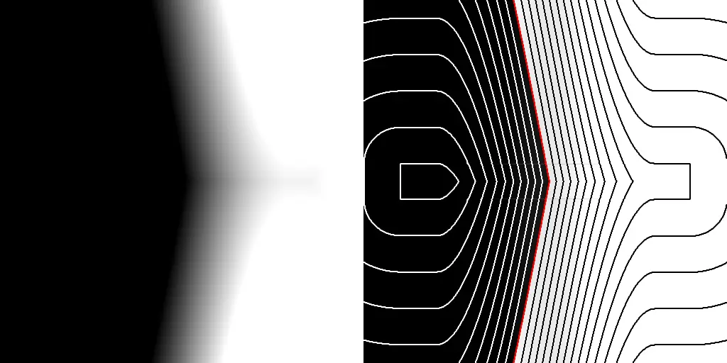 Visualization of a Value Propagated Signed Distance Field. Left: input SDF with incorrect interior values. Right: corrected SDF with recalculated negative regions and clear contour transitions.