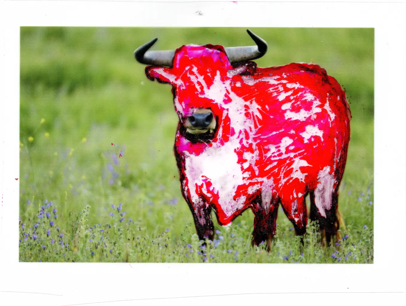 An image of a grazing cow printed on acetate has been viciously attacked with the sharp flat nib of a calligraphic pen. The red ink from the pen has replaced most of the cow’s hide, and the violent abrasion of the metallic “weapon” has left scars and tears in the bloody mess.