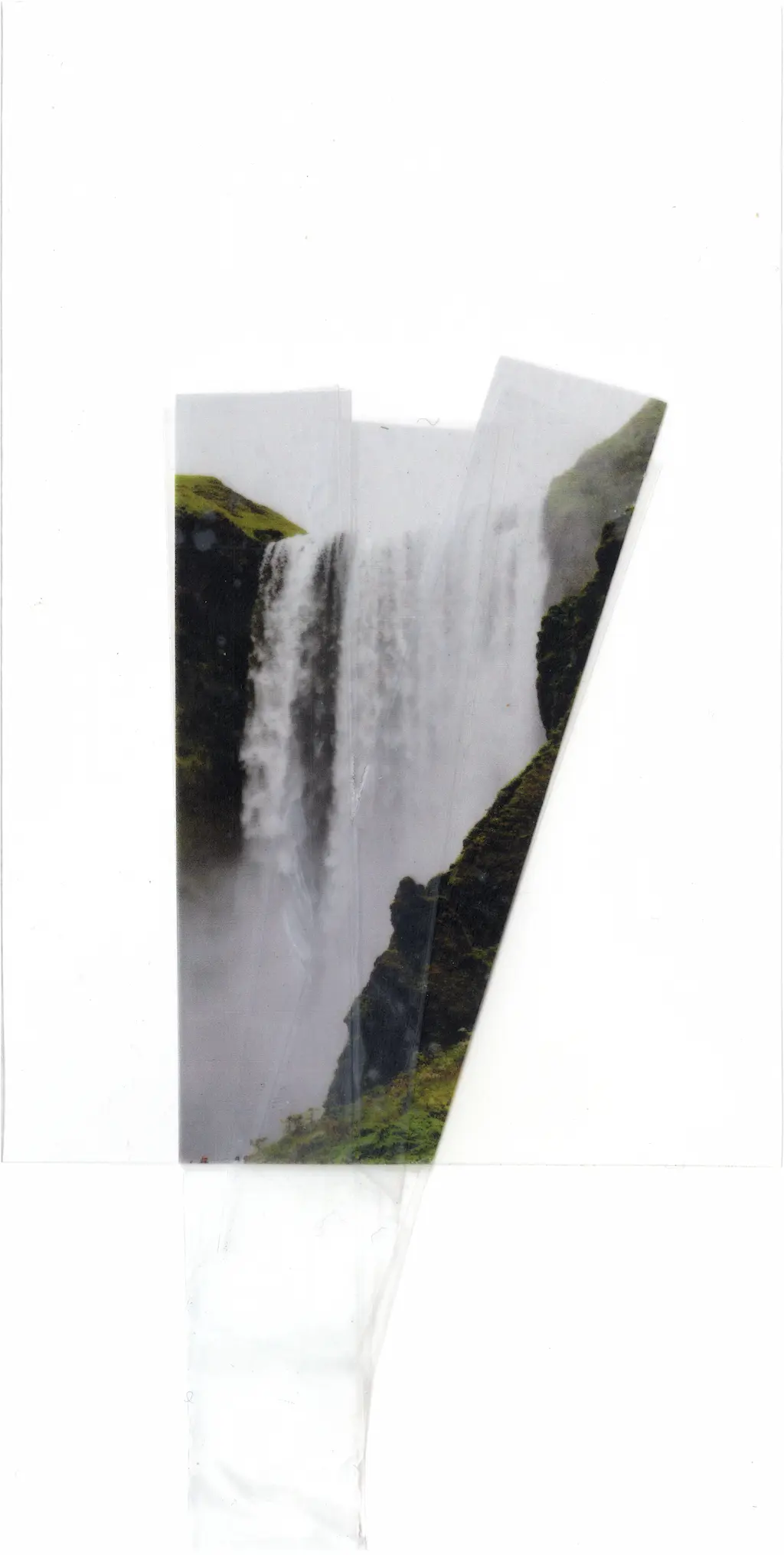 A waterfall in a luscious natural environment printed on acetate, three pieces of transparent scotch tape are masking said waterfall. The disinfectant has washed away everything but what was under the protection of the tape.