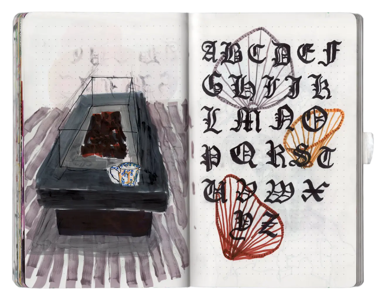 Spread from one of my drawing notebooks. On the left page is a fireplace with an Iittala coffee cup on a wooden floor. On the right page is a typographic exploration of blackletter font forms superimposed on top of quick sketches of a couple wire lawn chairs.