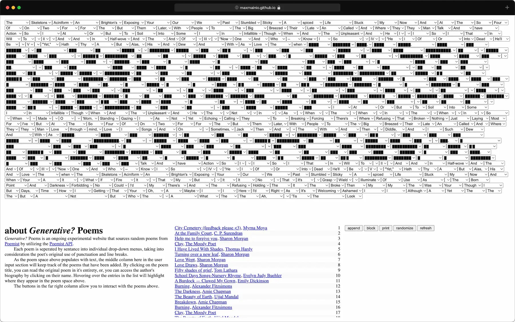 A screenshot of the Generative? Poems website.