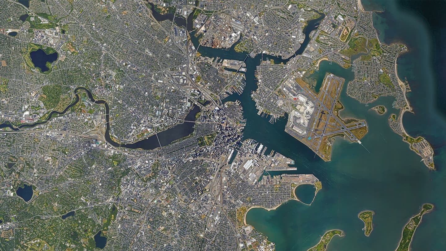 Triplet of images, starting with a satellite view of Boston, unaltered in the first frame, the image then undergoes a striking transformation, compressing horizontally, and with the transformation the city’s greenery—parks, forests, and other natural areas—seemingly dissolves away as if subtly edged out of existence. This visual shift represents a real-world human mindset: the prioritization of human living space over natural landscapes. When the image expands, revealing newfound space, the instinct isn't to restore nature. Instead, it's seen as room for more urban development, reinforcing the narrative of human dominance and expansion over nature.