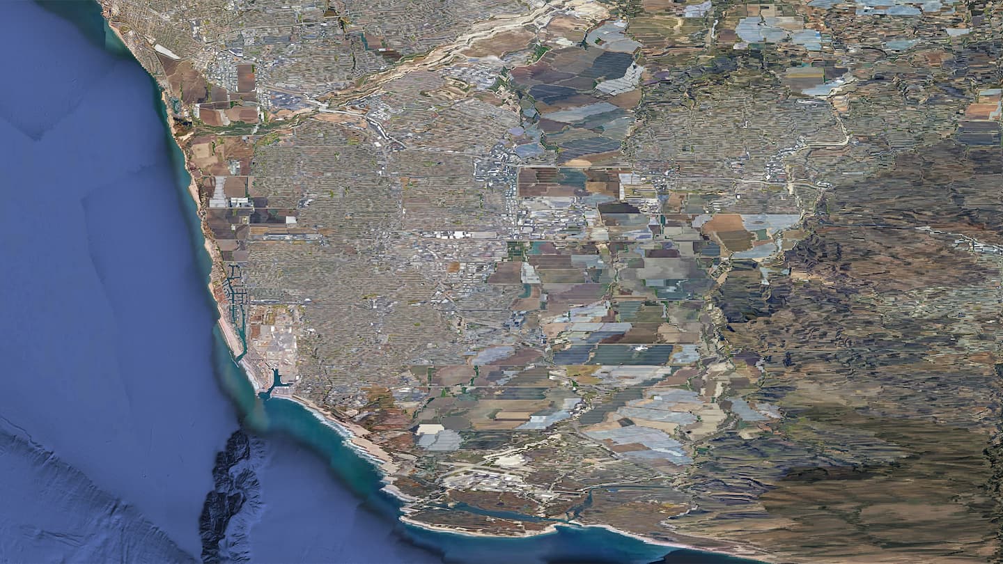 Triplet of images, starting with a satellite view of Oxnard, unaltered in the first frame, the image then undergoes a striking transformation, compressing horizontally, and with the transformation the city’s greenery—parks, forests, and other natural areas—seemingly dissolves away as if subtly edged out of existence. This visual shift represents a real-world human mindset: the prioritization of human living space over natural landscapes. When the image expands, revealing newfound space, the instinct isn't to restore nature. Instead, it's seen as room for more urban development, reinforcing the narrative of human dominance and expansion over nature.