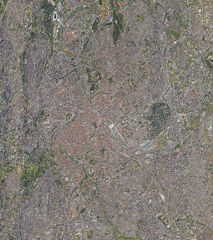 Triplet of images, starting with a satellite view of Rome, unaltered in the first frame, the image then undergoes a striking transformation, compressing horizontally, and with the transformation the city’s greenery—parks, forests, and other natural areas—seemingly dissolves away as if subtly edged out of existence. This visual shift represents a real-world human mindset: the prioritization of human living space over natural landscapes. When the image expands, revealing newfound space, the instinct isn't to restore nature. Instead, it's seen as room for more urban development, reinforcing the narrative of human dominance and expansion over nature.