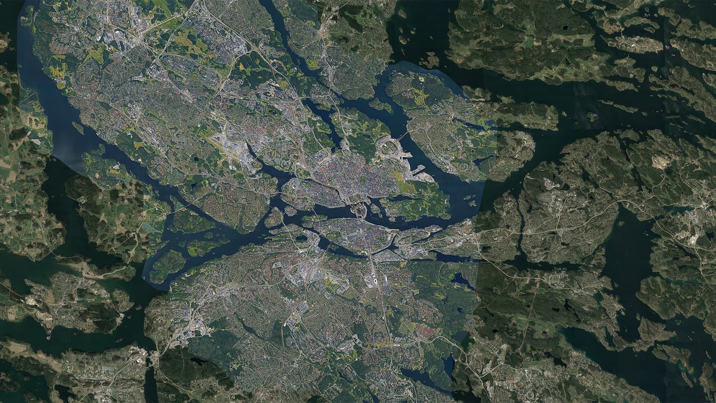 Triplet of images, starting with a satellite view of Stockholm, unaltered in the first frame, the image then undergoes a striking transformation, compressing horizontally, and with the transformation the city’s greenery—parks, forests, and other natural areas—seemingly dissolves away as if subtly edged out of existence. This visual shift represents a real-world human mindset: the prioritization of human living space over natural landscapes. When the image expands, revealing newfound space, the instinct isn't to restore nature. Instead, it's seen as room for more urban development, reinforcing the narrative of human dominance and expansion over nature.